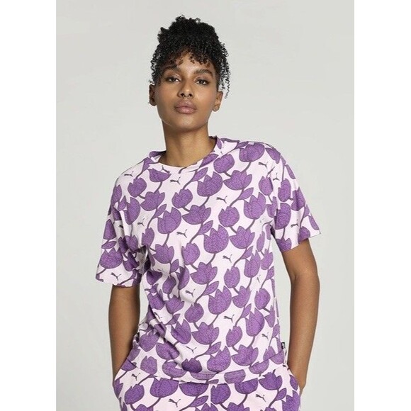 NWT Puma Women’s XS  Purple Tulip Blossom AOP T-Shirt Tee Short Sleeve New - Picture 1 of 9